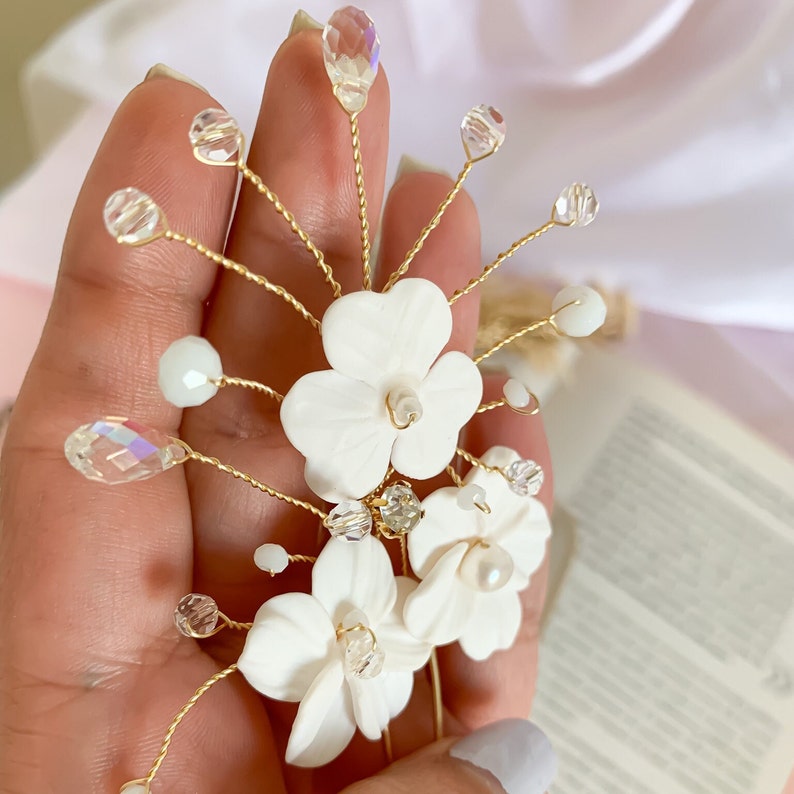 Bridal flower hair pins with pearls, White Floral Wedding Hairpieces for brides, Bridal hairstyle accessories, Wedding floral clips image 5