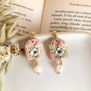 Bouquet floral dangle earrings with freshwater pearls, Romantic flower earrings for bridesmaids, Handcrafted Jewelry for wedding party image 3