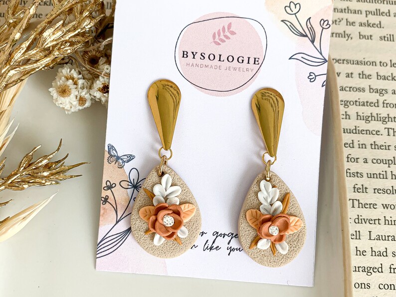 Fall floral clay earrings, Peach polymer clay earrings, Handmade artsy earrings, Autumn collection jewelry for her image 5