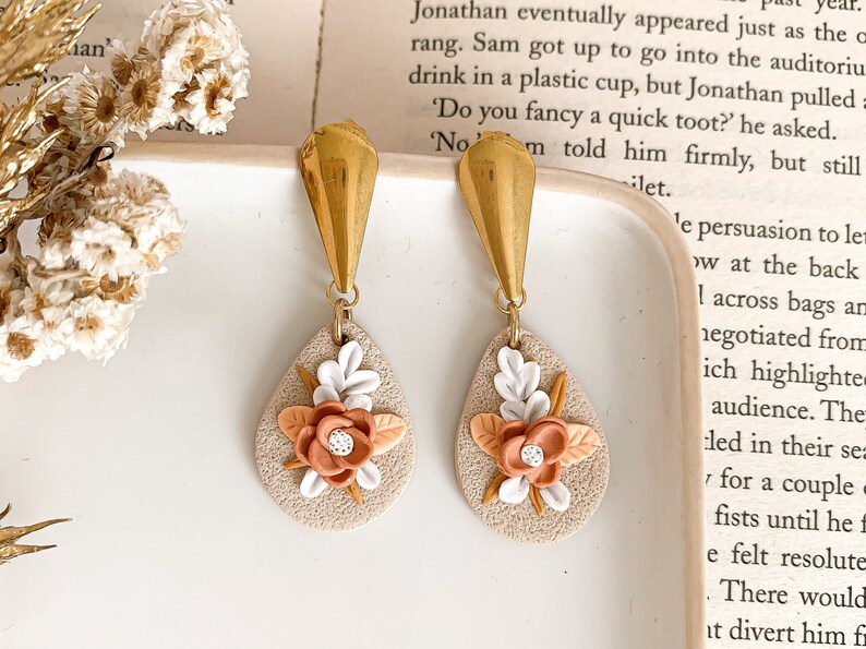 Fall floral clay earrings, Peach polymer clay earrings, Handmade artsy earrings, Autumn collection jewelry for her image 1