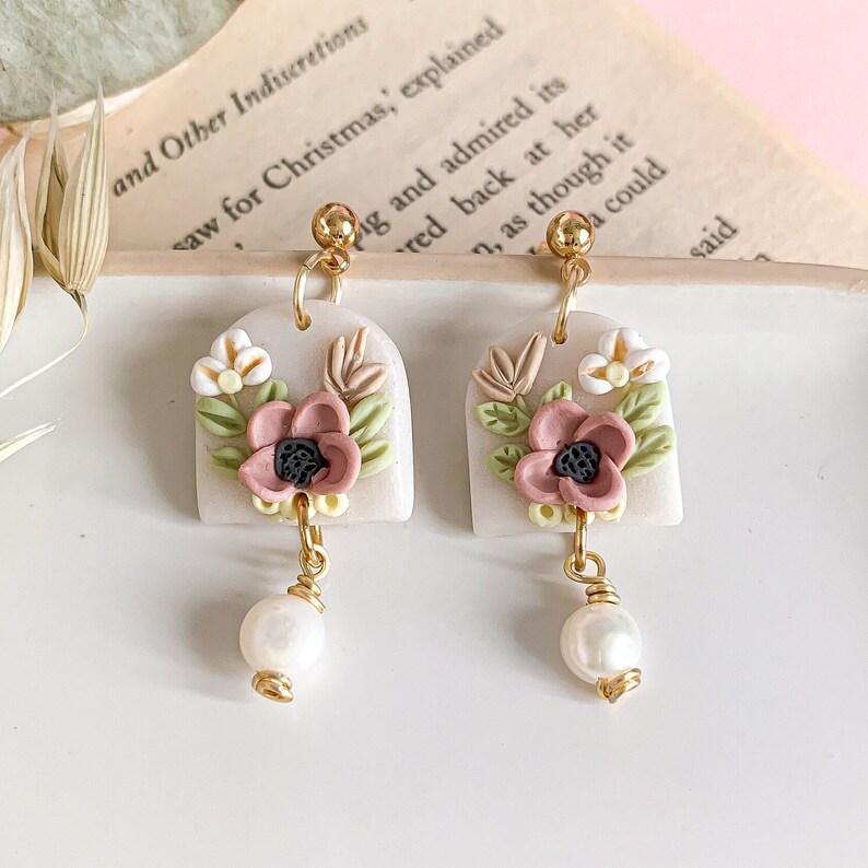 Bouquet floral dangle earrings with freshwater pearls, Romantic flower earrings for bridesmaids, Handcrafted Jewelry for wedding party image 6
