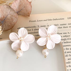 Statement White Floral Pearl Bridal Earrings - Romantic Statement Jewelry for Wedding Day
