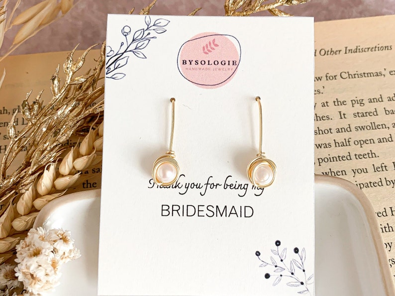 Freshwater pearl dangle earrings for bridesmaids, Gold plated earrings with pearl, Maid of honor gift from bride jewelry, be my bridesmaid image 5