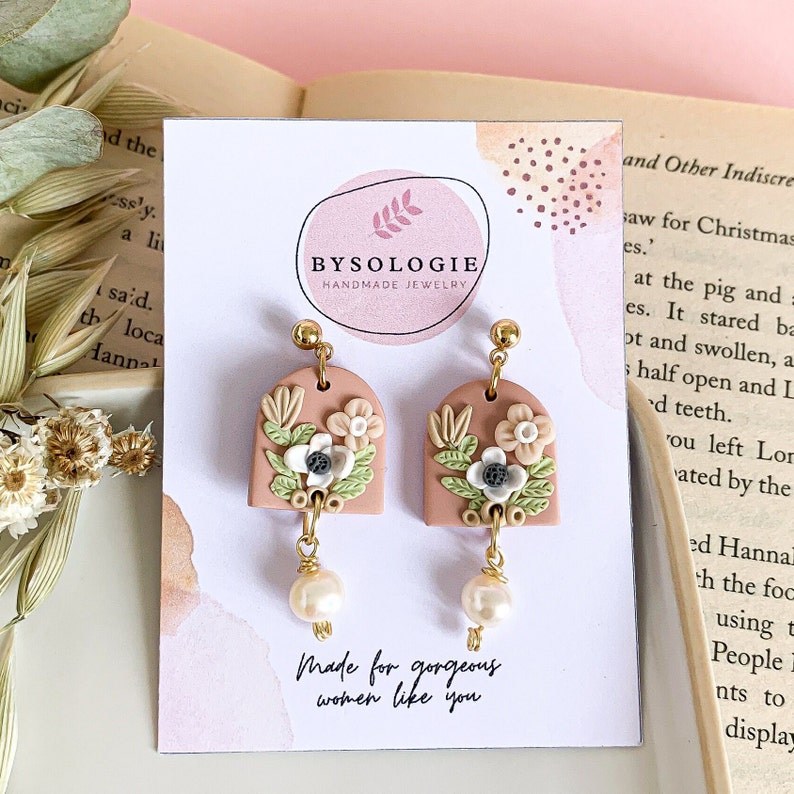 Bouquet floral dangle earrings with freshwater pearls, Romantic flower earrings for bridesmaids, Handcrafted Jewelry for wedding party image 8