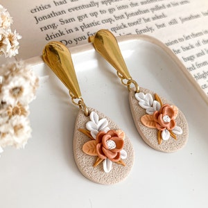 Fall floral clay earrings, Peach polymer clay earrings, Handmade artsy earrings, Autumn collection jewelry for her image 2