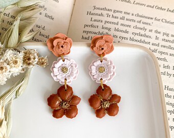 Floral drops clay earrings, Earthy colors wildflower dangles, Bohemian spring flower earrings, Cottagecore jewelry for plant lovers