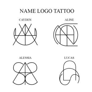 May include: A monochrome image showcasing four name logo tattoo designs. The text "NAME LOGO TATTOO" is at the top. The names Cayden, Aline, Alessia, and Lucas are displayed above their respective logo designs.