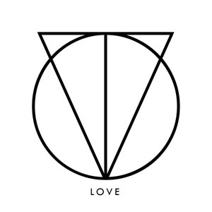 May include: A black and white geometric design with a circle and a triangle inside. The word "LOVE" is written below the design.
