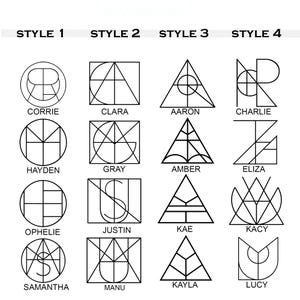 May include: A collection of geometric designs, each with a name. The designs are in four styles: circles, squares, triangles, and mixed shapes. Names include Corrie, Clara, Aaron, Charlie, Hayden, Gray, Amber, Eliza, Ophelie, Justin, Kae, Kacy, Samantha, Manu, Kayla, and Lucy.