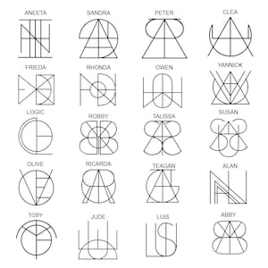 May include: A grid of twenty black line art monograms on a white background. Each design features a unique geometric arrangement of lines and curves forming the names Aneeta, Sandra, Peter, Clea, Frieda, Rhonda, Owen, Yannick, Logic, Robby, Talissa, Susan, Olive, Ricarda, Teagan, Alan, Toby, Jude, Luis, and Abby.