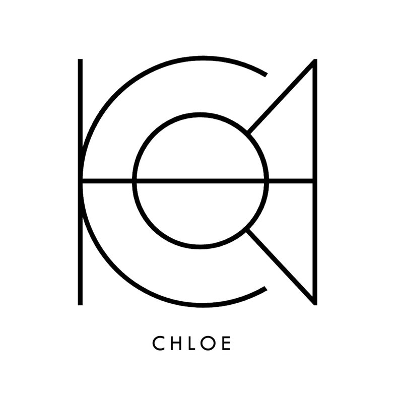 May include: Black and white line art logo design of the word "CHLOE" with a stylized letter "C" that includes a circle and a triangle.