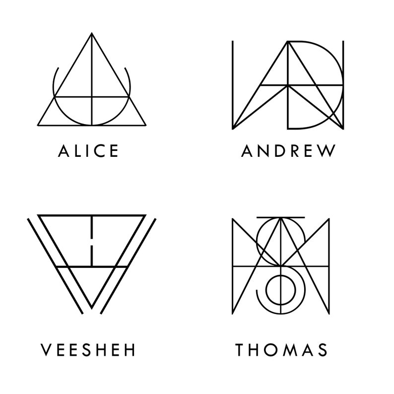 May include: Four black and white geometric designs with the names Alice, Andrew, Veesheh, and Thomas underneath each design.