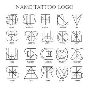 May include: A black and white graphic featuring 20 name tattoo logo designs. Each design uses a unique combination of lines and shapes to create a stylized monogram for names like Aline, Jessi, and Madison. The text "NAME TATTOO LOGO" is at the top.