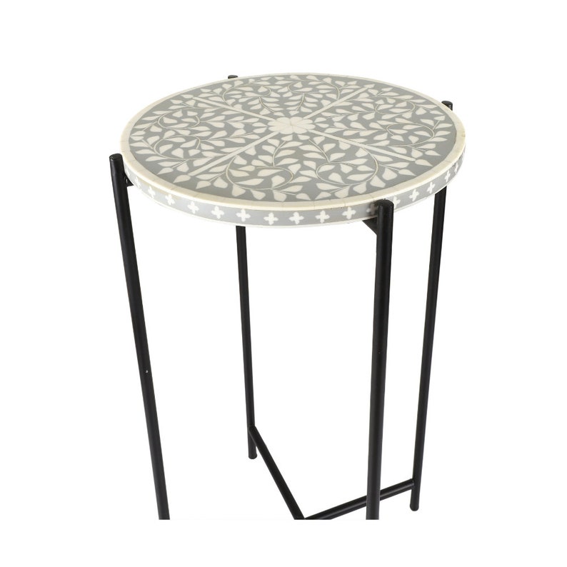 Resin Inlay Work Side Table in Grey White Top With Black Base, Top Dia ...