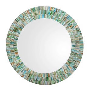 May include: Round mirror with a mosaic frame made of small, colourful tiles in shades of green, blue, and brown.