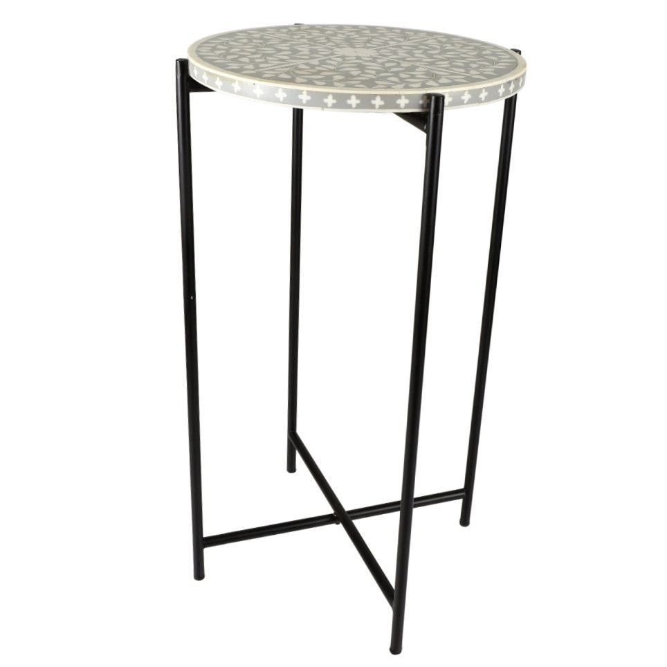 Resin Inlay Work Side Table in Grey White Top With Black Base, Top Dia ...