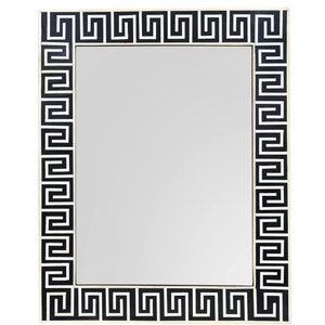 May include: A rectangular mirror with a black and white geometric border. The border is made of a white material with a black geometric pattern.