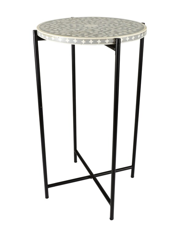 Resin Inlay Work Side Table in Grey White Top With Black Base Top