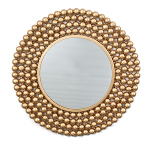 May include: A round gold mirror with a decorative border of gold beads. The mirror has a simple, modern design.
