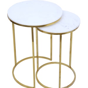 Nest  of 2 circular tables with Marble top and Golden Metal base, Top Big 15'' and Small 13''
