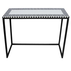 May include: A black metal console table with a white top featuring a black and white geometric border design.