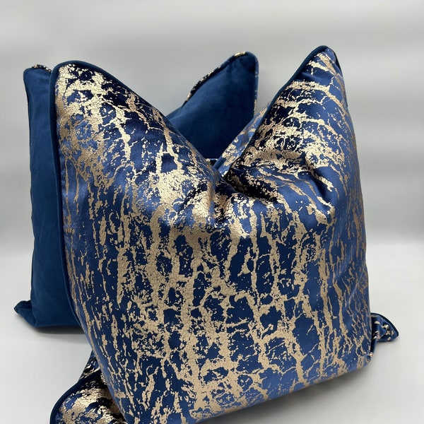 Set of 2 Luxury Blue Gold Velvet Pillow with Piping, Velvet Throw Pillow Cover Any Size, Zipper Velvet Cushion Cover, Velvet silky cushion