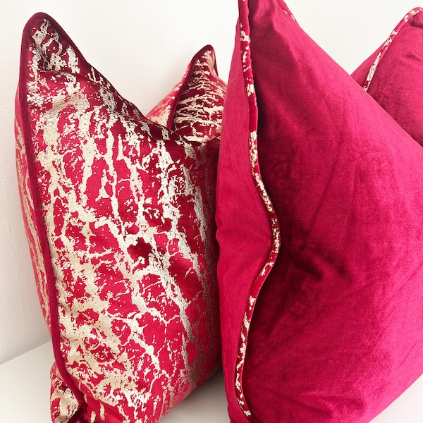 Set of 2 Luxury Red Gold Velvet Pillow with Piping, Velvet Throw Pillow Cover Any Size, Zipper Velvet Cushion Cover, Velvet silky cushion