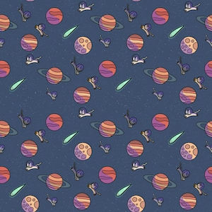 May include: A repeating pattern on a dark blue background featuring planets, shooting stars, and space cats. The planets are orange and purple with rings. The cats are gray and white, wearing space helmets. The shooting stars are green.