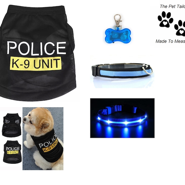 Dog Police Uniform K9-Unit Vest LED Collar And LED Bone Light Up Pet Fancy Dress Costume Safety Fun Party Puppy Outfit