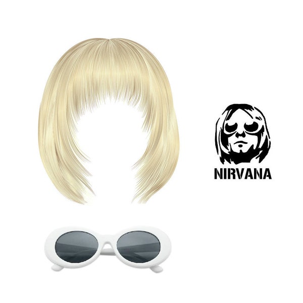 Kurt Cobain Wig And Sun Glasses Fancy Dress Costume Nirvana Smells Like Teen Spirit Grunge Bleached Blonde Rock Star White Oval Sun Glasses