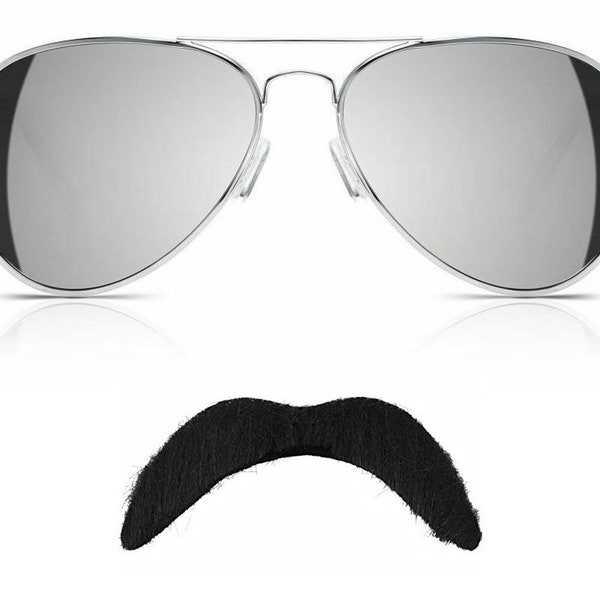 Freddie Mercury Glasses And Moustache Queen Fancy Dress Costume Mirror UV Glasses And Self Adhesive Tash