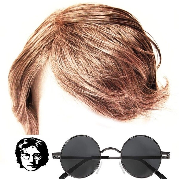 John Lennon Wig And Round Glasses Fancy Dress Hippy Sunglasses 60 70's Costume The Beatles Brown Wig Dark Black UV Lens Framed Glasses