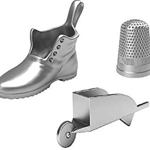 Monopoly Game Tokens x3 Silver Chrome Vintage Boot Wheel Barrow And Thimble Monopoly Rare Game Pieces Spare Parts Accessories