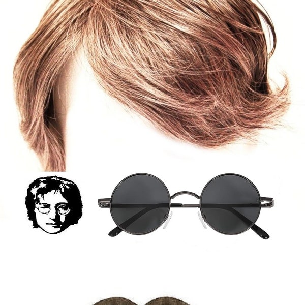 John Lennon Wig Round Glasses And Moustache Fancy Dress Hippy Sunglasses 60's 70's Costume The Beatles Brown Wig Dark Black UV Lens Glasses