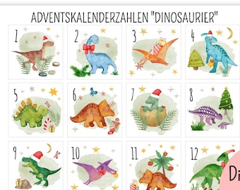 Adventskalenderzahlen Dinosaurier für Kinder als pdf, Zahlenkärtchen Adventskalender, DIY Adventskalender, Adventskalender Zahlen Aufkleber