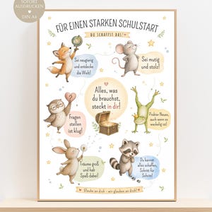 Könnte beinhalten: Ein gerahmter Druck mit Aquarellillustrationen von Waldtieren, darunter ein Fuchs, eine Maus, eine Eule, ein Frosch, ein Kaninchen und ein Waschbär. Der Druck hat deutschen Text und ist für ein Kinderzimmer oder Klassenzimmer gedacht.