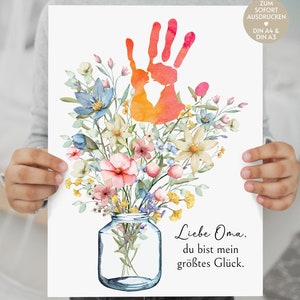 Handafdrukfoto voor oma van kleinkind, cadeau-idee verjaardag Pasen Kerstsouvenir bedankt, bloemdecoratie, kaart, download