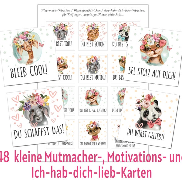 Tarjetas de ánimo para niños y colegios. 48 pequeñas tarjetas de ánimo para niños en formato PDF. Tarjetas de afirmación para niños, tarjeta de motivación, estímulo.