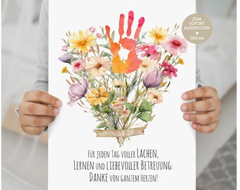 Kindergarten teacher gift farewell childminder thank you thank you gift idea last minute idea farewell gift handprint picture craft DIY PDF