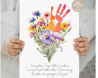Kindergarten teacher farewell gift childminder thank you gift kindergarten nursery day care thank you picture handprint flowers saying card PDF