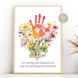 Erzieherin Geschenk Danke Dankeschön Abschiedsgeschenk Geschenkidee Abschied Kindergarten Krippe Kita Bild Handabdruck Karte DIY basteln PDF