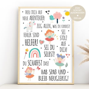 Einschulung Poster Geschenk Mädchen Regenbogen, Einhorn, Fee als PDF, Geschenkidee DIN A4 Schulanfang Spruch Wünsche Kleine Aufmerksamkeit