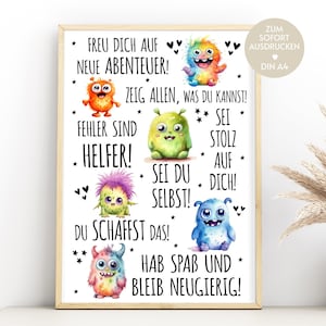 School enrollment poster monster as a gift for the start of school for boy girl schoolchild 2024, download to print, gift idea for starting school