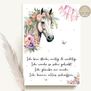 Birthday gift for children, gift for girls birthday, affirmations, affirmation poster, download, last minute gift, horse, DIY decoration