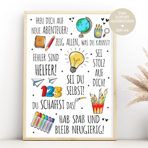Einschulung Geschenk Schulanfang Poster Bild als Download, Schulstart Junge Mädchen erste Klasse Deko Schulkind, Last Minute Geschenk DIN A4