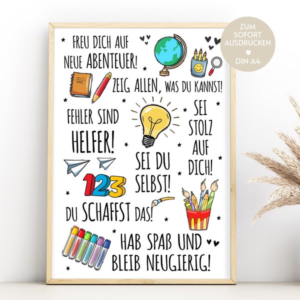 School enrollment gift back to school poster image as download, school start boy girl first grade decoration school child, last minute gift DIN A4