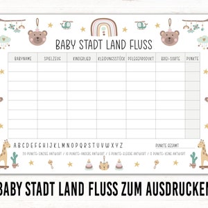 May include: A printable baby shower game in German, featuring a light brown bear, a rainbow, and a helicopter. The game is called "Baby Stadt Land Fluss" and includes categories for baby name, toy, children's song, clothing item, care product, baby food, and points.