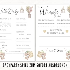 Quiz voor babyfeestjes om uit te printen plus wensen voor de baby, babyshowerfeestje boho aquarelneutraal, babyshowercadeaus decoratie