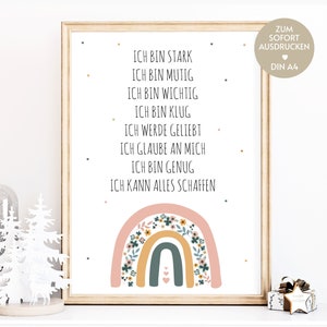 Weihnachtsgeschenk Kinder Affirmationen als Poster mit Regenbogen zum Ausdrucken, Regenbogen Kinderzimmer DIY Deko, Affirmationskarten Kind