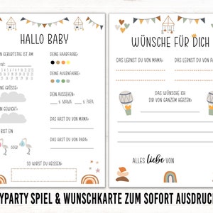 Babyparty Spiel Boho PDF Wünsche Baby Babyshower Regenbogen Karte Tippkarte Ratekarte Wünschekarte Ratespiel digitaler Download Ausfüllkarte